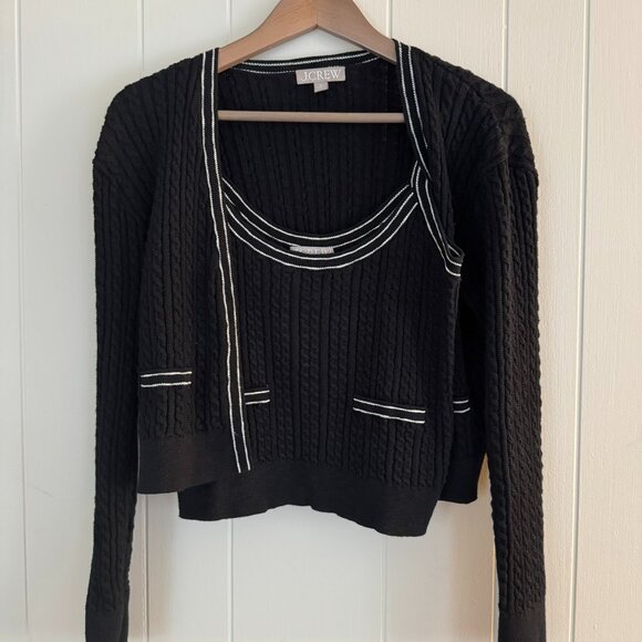 J.Crew SET Cardigan Sweater Black Cable Knit White Trim Pockets Cropped Size M - Picture 1 of 8